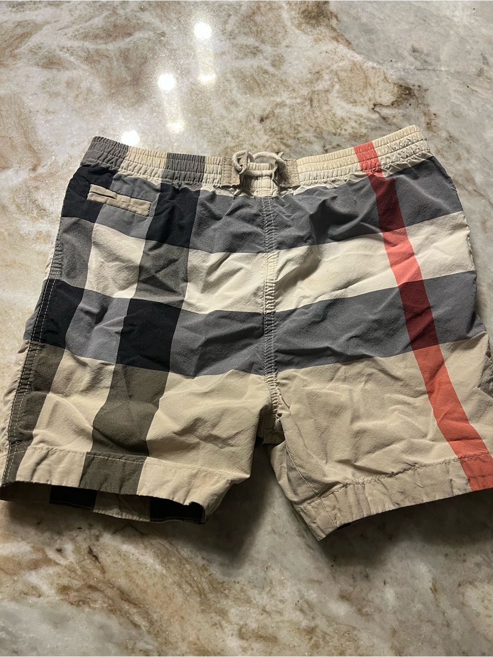Burberry Kids Swim Trunks Beige Black Gray with Red Stripe